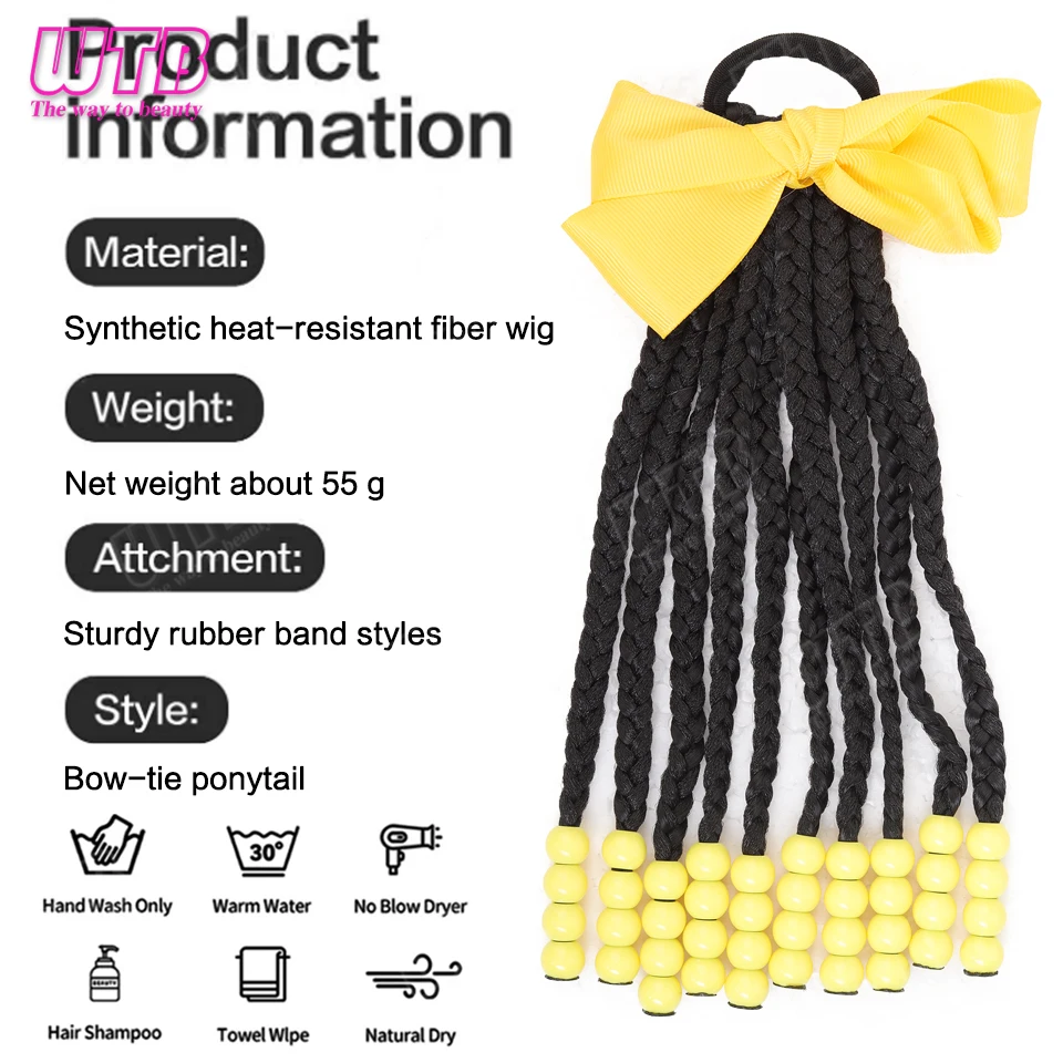 WTB Bow-adorned Braided Synthetic Wig Elastic Band Style Children's Ponytail Wig Short Ponytail Wig Suitable for Everyday Wear 6