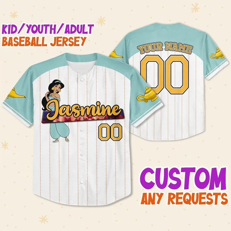 Disney Jasmine Princess Custom Name Baseball Jersey Outdoor Sports Style Casual Jersey T-Shirt Personalizzata Da Uomo E Da Donna