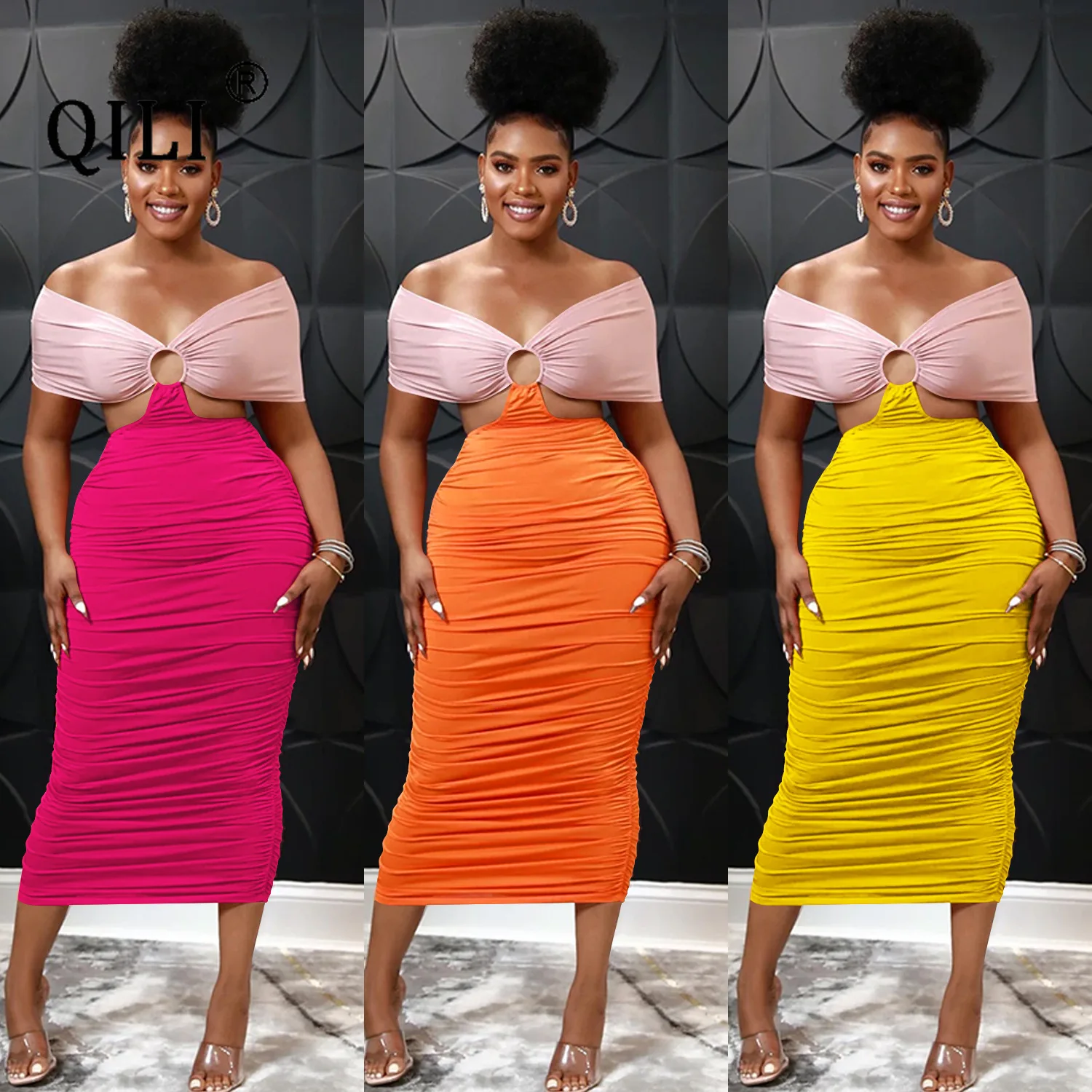 

QILI-Backless Hollow Pleated Dress for Women, Casual Bodycon Dress for Ladies, Party