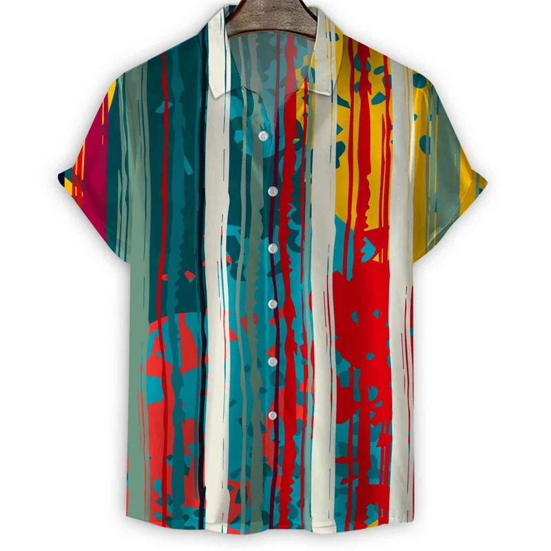 thumbnail image 1 of Camisa hawaiana con rayas geométricas para hombre, estampado 3D de lunares, manga corta, camisas de verano con solapa, blusa con botones de gran tamaño y estilo urbano, 1 of 4