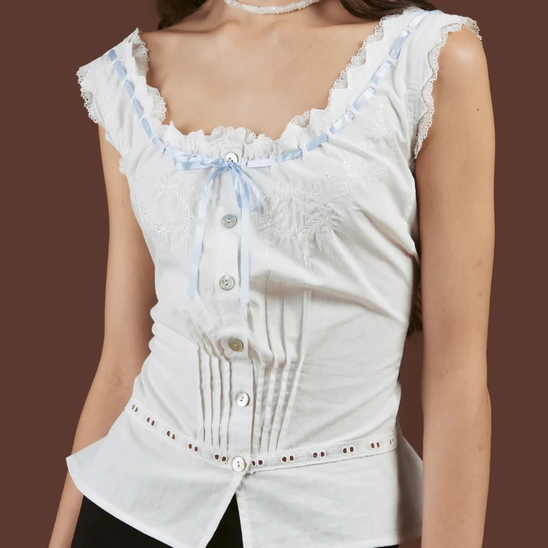 

Dourbesty 90s 00s Fairy Cute Chic Top Y2k Aesthetics Button Lace-trim Tanks Women Low-cut Sleeveless Slim Fit Tees Streetwear