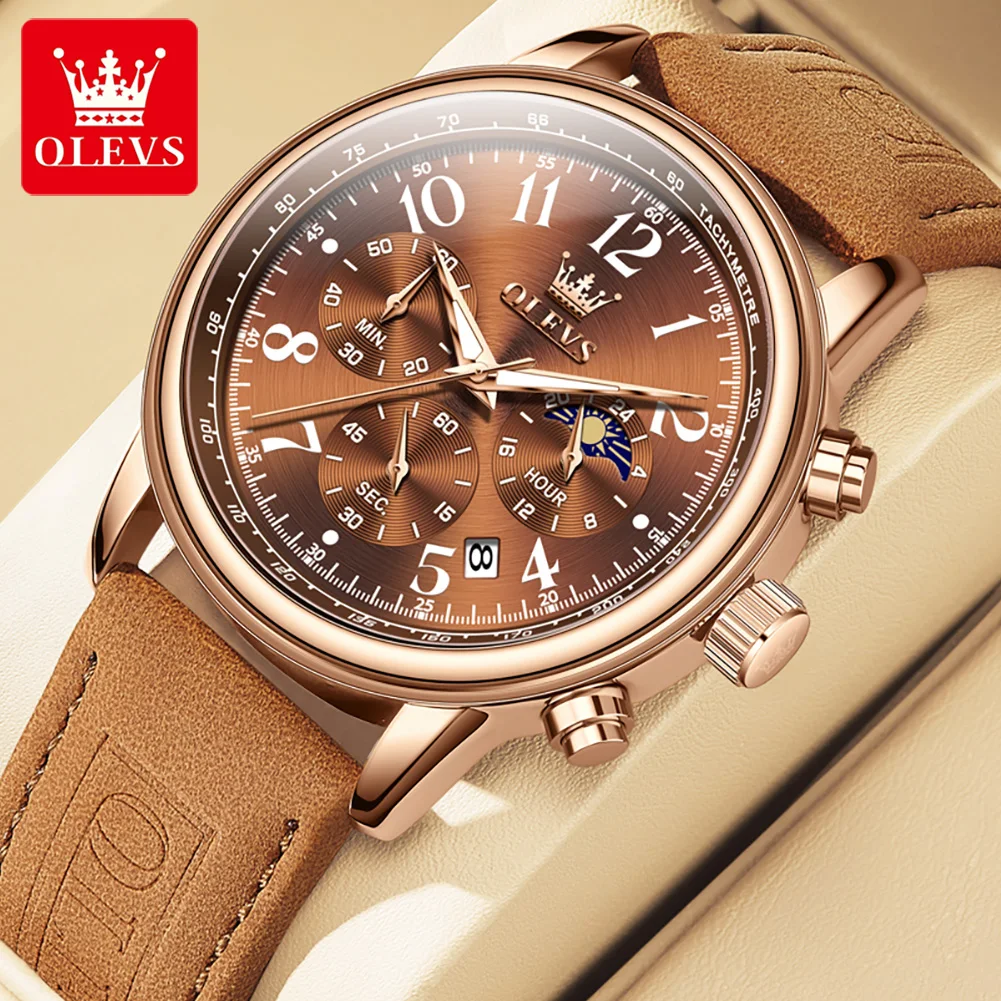 OLEVS Brand Fashion Multifunction Chronograph Quartz Watch  for Men Leather Strap Waterproof Luminous Calendar Luxury Watches