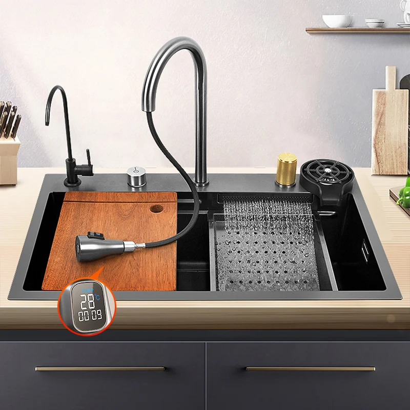 

Waterfall Kitchen Sink Stainless Steel Sink Large Size Single Bowl Dishwashing Sink Kitchen Accessories Waterfall Faucet