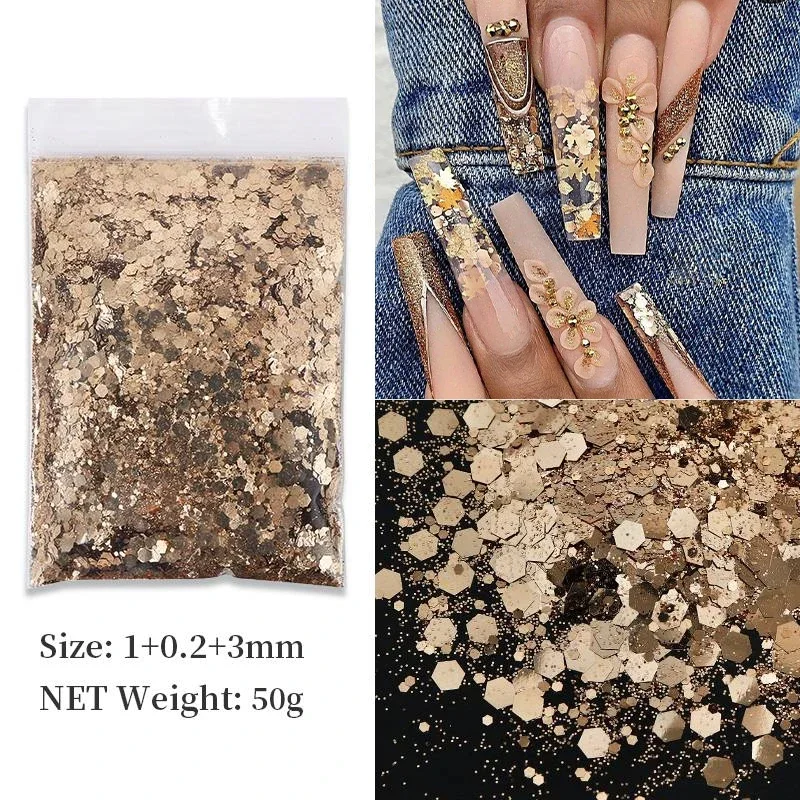50G Chunky Glitter Nails Accessories Mixed Hexagons Sequins Rose Gold Nail Pigment Powder Nail Art Decorations Manicure Supplies