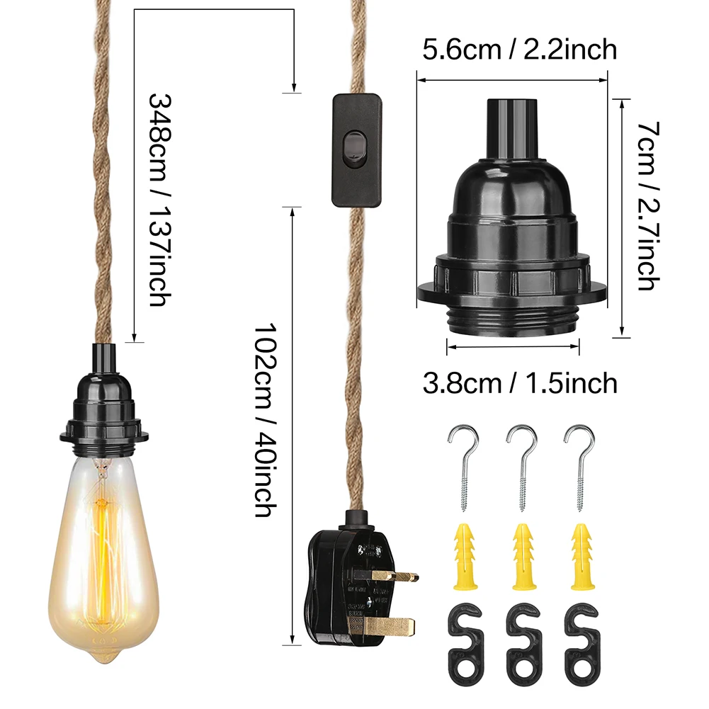 4.5/3.5M Pendant Lights Ceiling Lighting Fitting E27 Lamp Holder Suspended Kit with Plug in Cord Hemp Rope Rustic Hanging Lamps