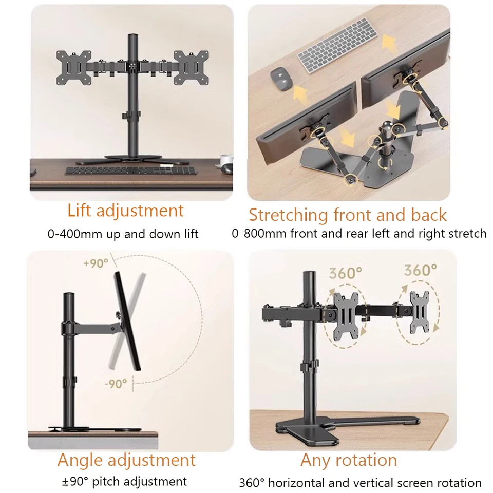 Supporto da Parete per Doppio Schermo da 17 a 32 pollici, Supporto per Monitor da Parete con 2 Monitor Regolabile in Altezza, Inclinabile, Orientabile, Fino a 9kg, VESA 75x75/100x100