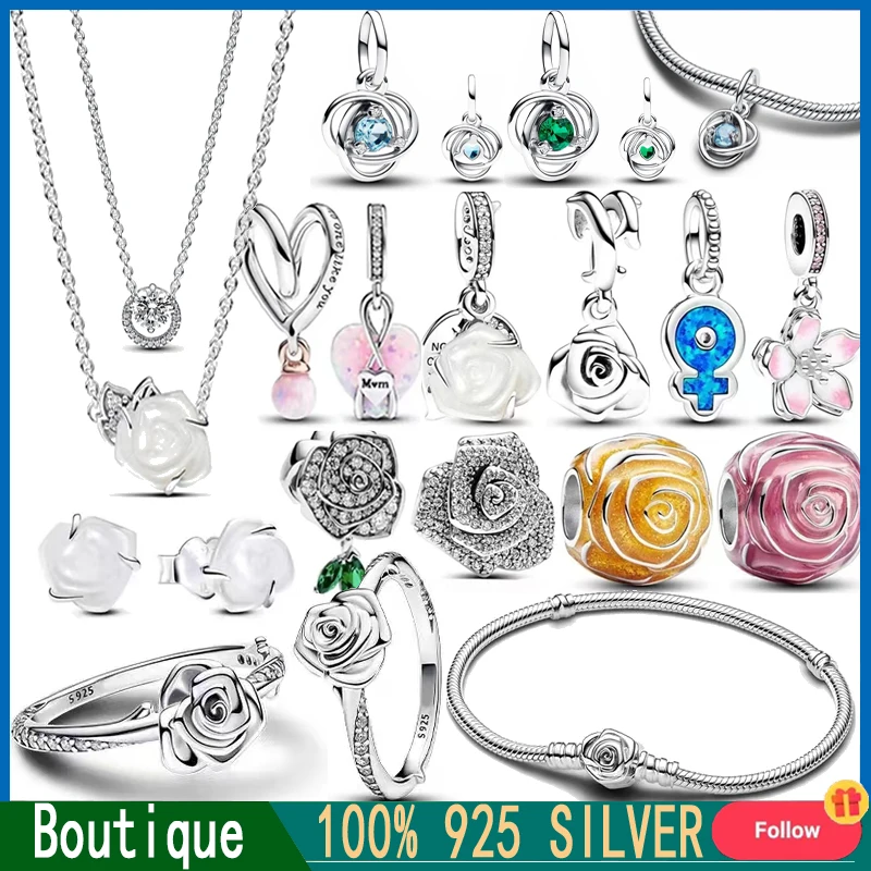 2024 New 925 Silver Zircon Rose Pink Flower White Jasmine Charm Beads DIY Jewelry Fashion Light Luxury Women's Gift