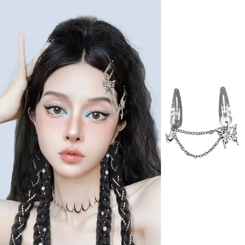 ヘアアクセサリー [BlackMuse] stone chain hair pin set Goth Hair Clips Women Harajuku Metal Chain Gothic Hair Pins