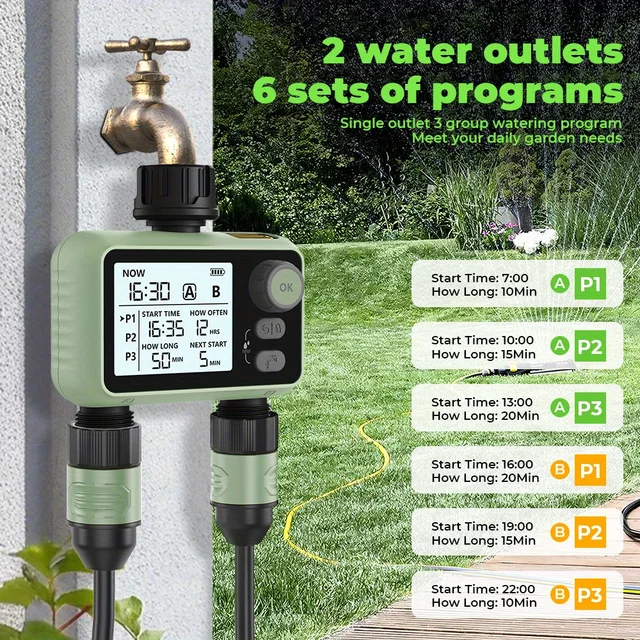 Eshico automne plus récent minuterie d'eau à 2 sorties A/B 6P plans retard d'arrosage avec capteur de pluie Intelligent Joint en laiton et opération de bouton 2