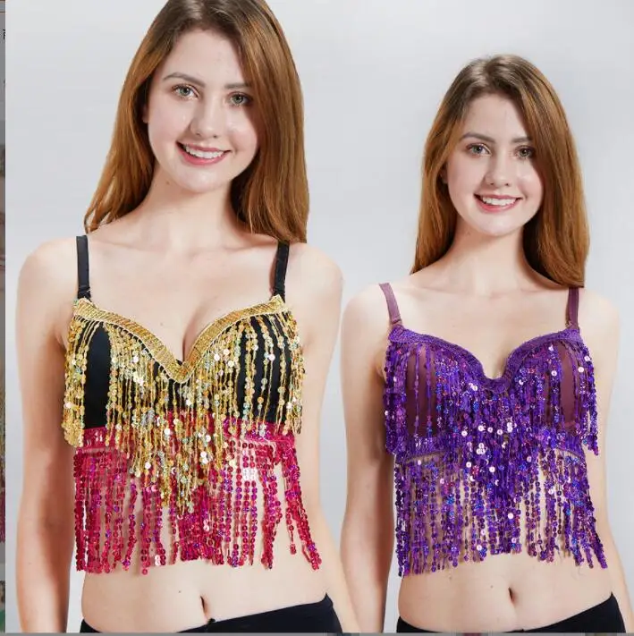 

Женский костюм для танца живота, блестящие бюстгальтеры с бахромой, топ для вечерние ринки, фестиваля, клуба, топы
