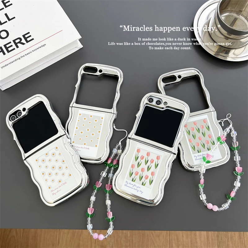 Daisy Tulip Flower Bracciale Wristband Chain Placca Argento Custodia Antiurto Per Samsung Galaxy Z Flip 5 4 3 Cover Posteriore