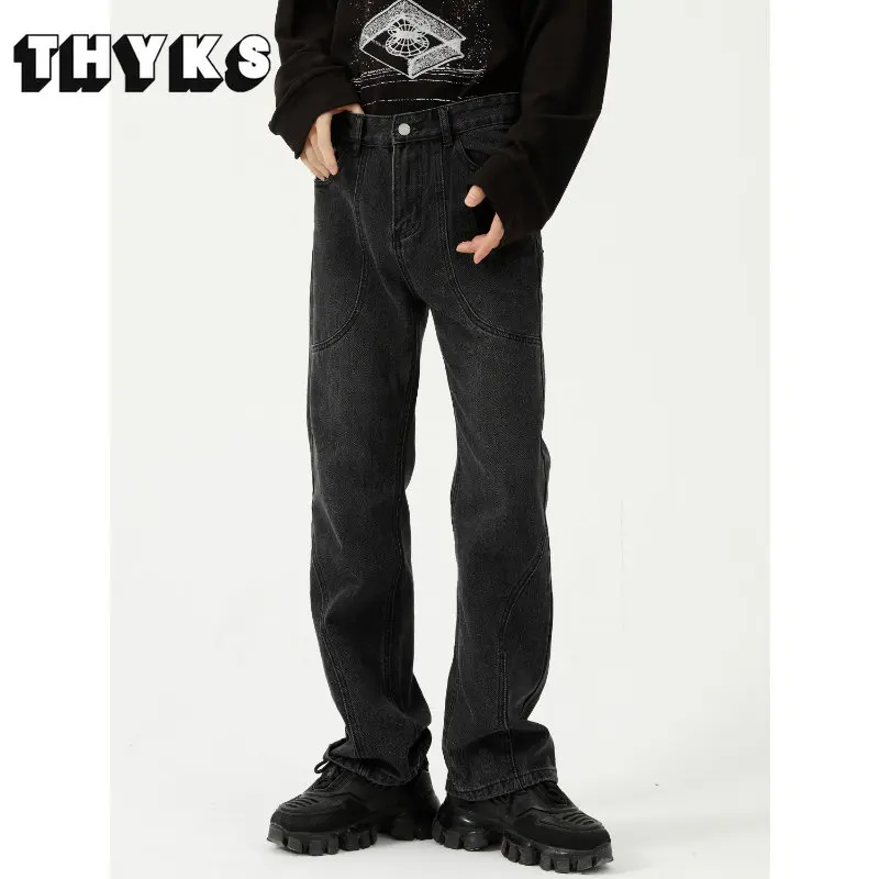 

High Street Korean Style Men's Jeans Campus Harajuku Straight Solid Color Flare Pants Causal Full Length Pants Women Unisex