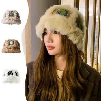 Winter new cute colorful soft rabbit plush stitching insulation winter hat polyester warm ear protection knitted bucket hat. 1