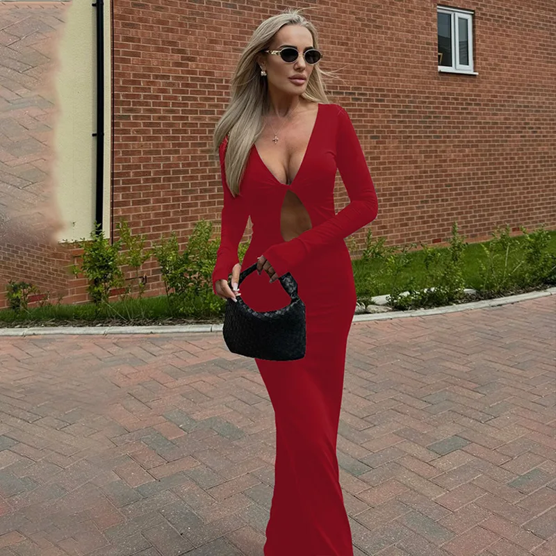 Hollow Out Slim Sexy Maxi Dress For Women V-Neck High Waist Fashion Patchwork Autumn Party Dress Female Black Dress