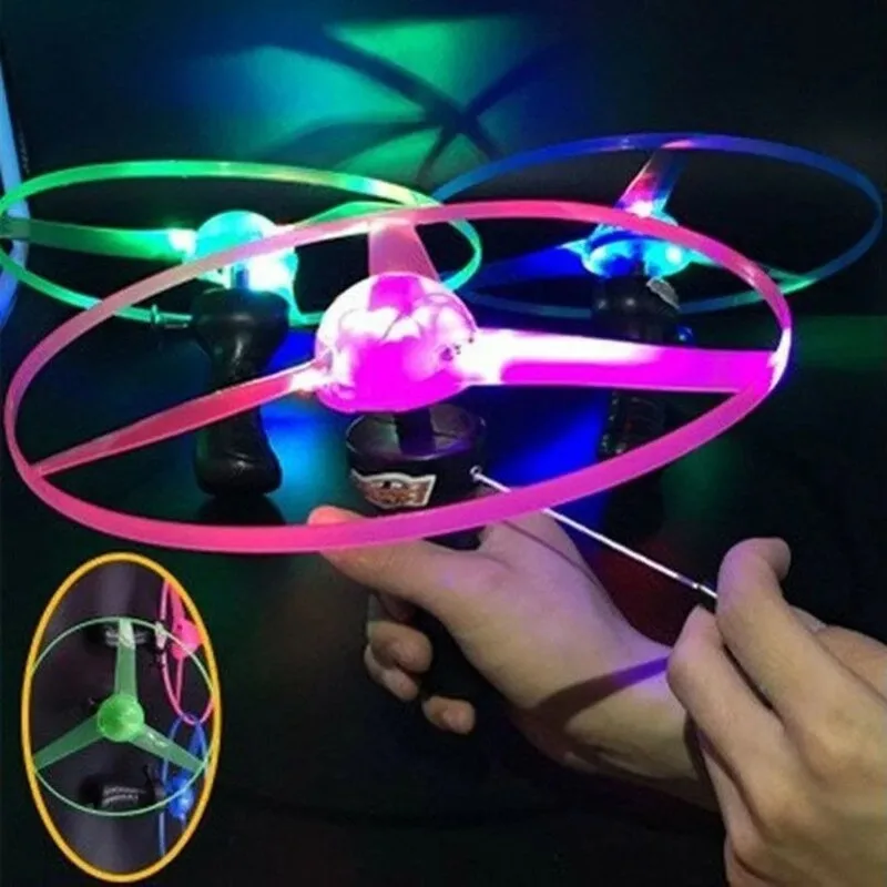 Flying Toy LED Lighting Flying Disc Propeller Helicopter Pull String Flying Saucers UFO Spinning Top