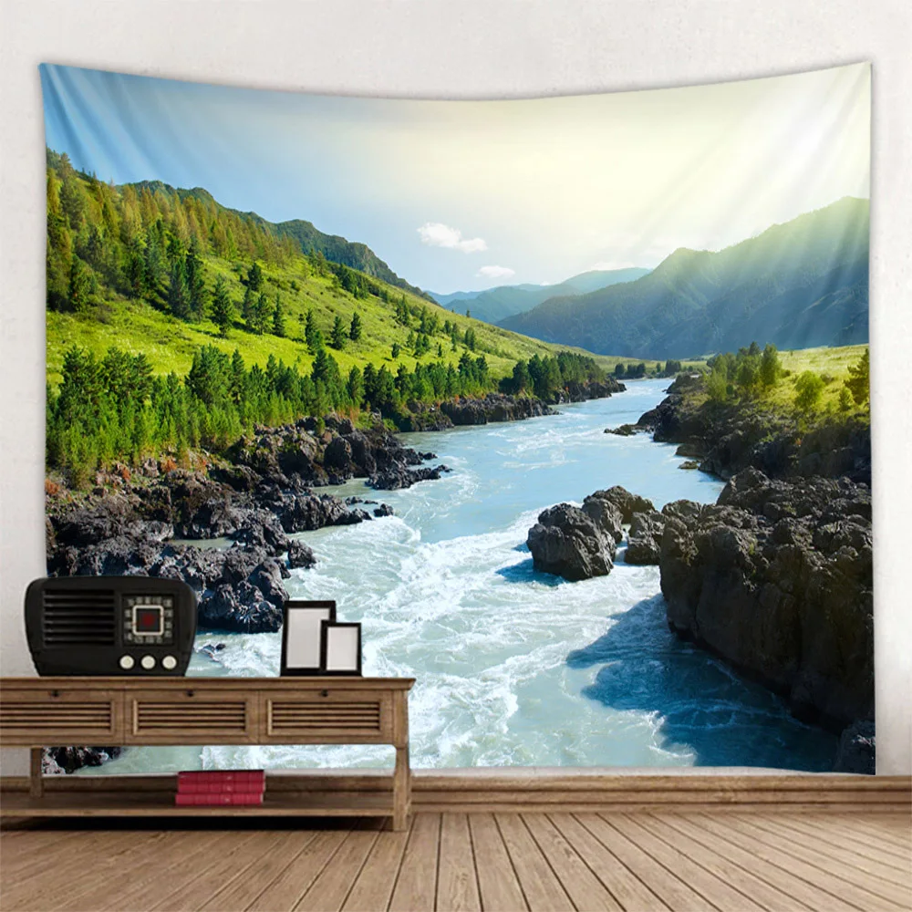 

Natural mountain and river tapestry landscape, jungle waterfall wall hanging, suitable for home, office and dormitory decoration