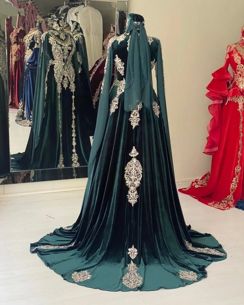Hunter Green Velvet Moroccan Caftan Evening Dresses customsized Lace  Applique Crystal Arabic Kaftan Prom Outfit Gown - AliExpress