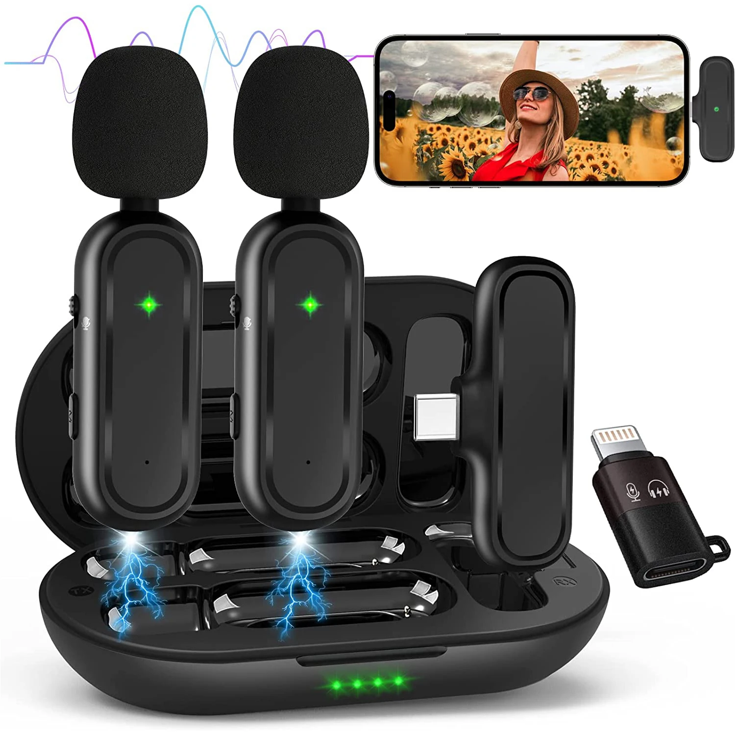 

Wireless Lavalier Microphone for Android,iPhone Ipad with Adapter and Charging Case,10H Battery Life,Clip on Lapel Mic for Live