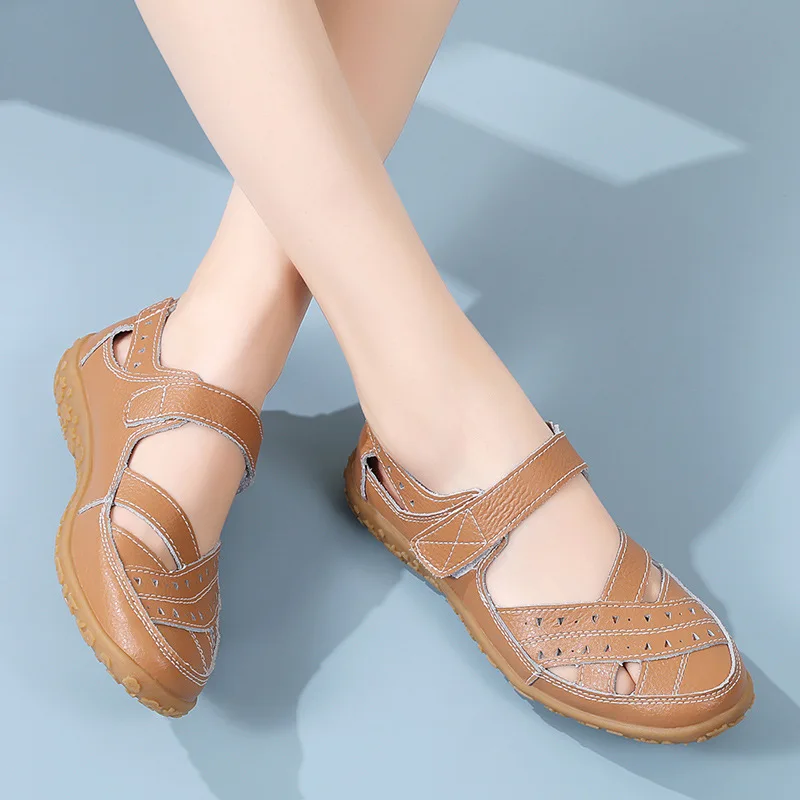 2024 Summer Big Sizes Casual Hollow antiskid Breathable Genuine Leather Sandals Shoes For Women Chaussure Femme Zapatos Mujer