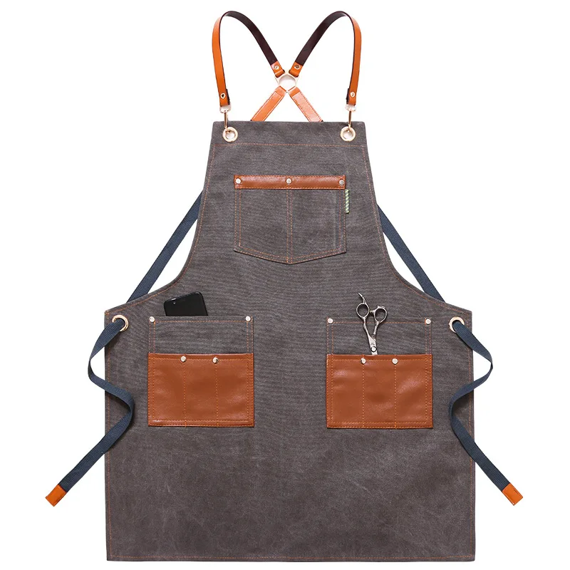 Apron Denim PU Leather Panel Contrast Multi Pocket Work Suit Barber Bakery Western Meal Waiter