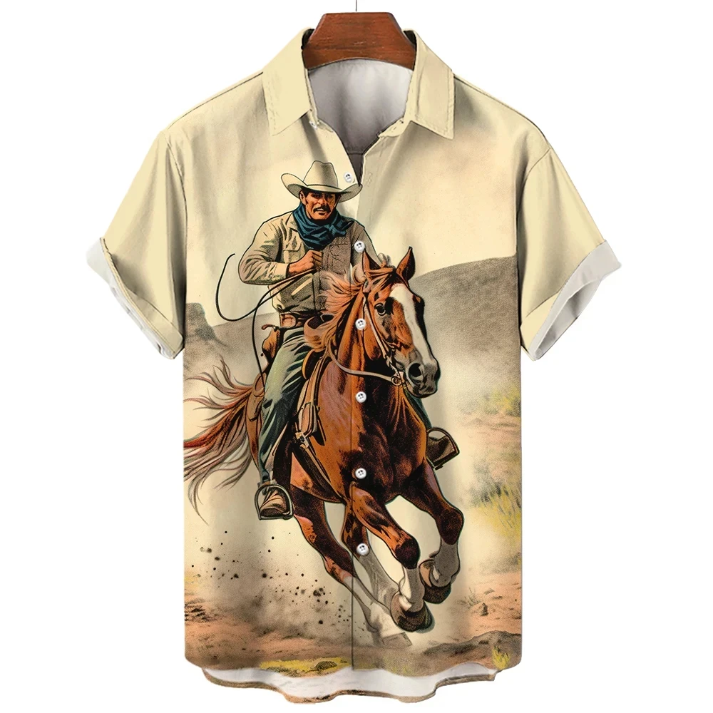 thumbnail image 1 of Camisa retro de vaquero occidental con estampado 3D para hombre, manga corta, solapa, botones clásicos, moda urbana, ropa de verano, extra grande, 1 of 5
