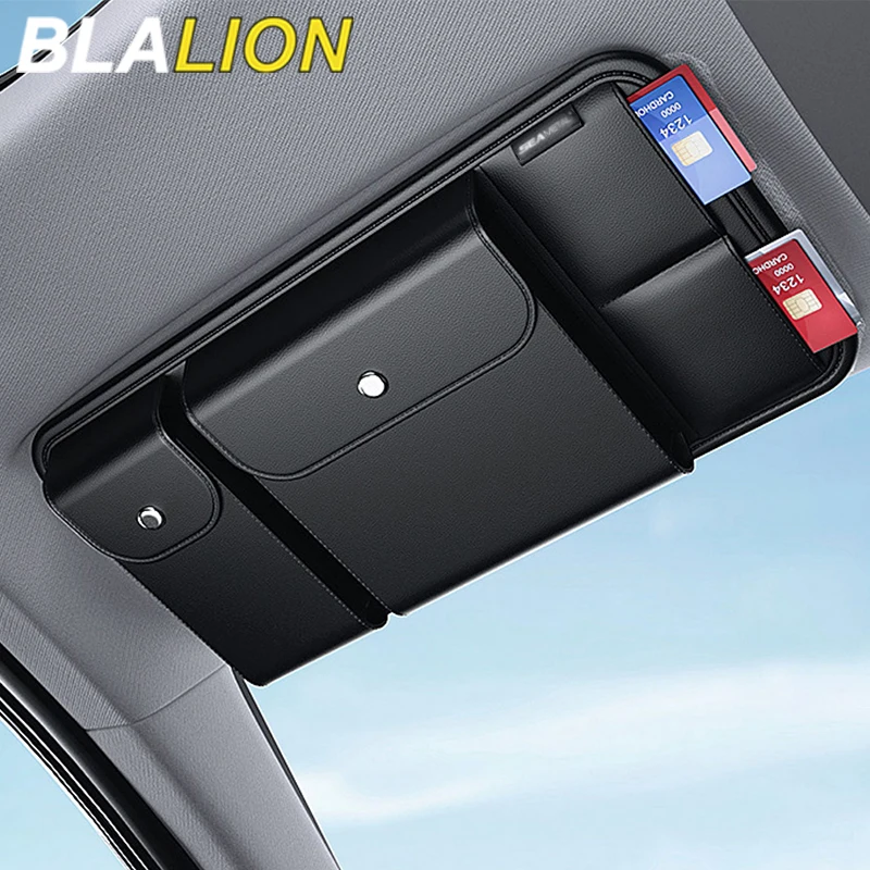 Organizer Per Occhiali Da Sole Auto In Pelle PU - Porta Occhiali Con Clip Per Biglietti E Carte Di Credito - Fissaggio Su Parasole - Nero - 3