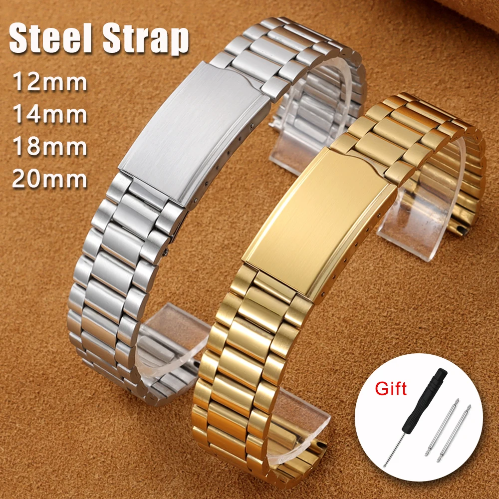 Sleek Stainless Steel Watch Band with Folding Buckle - Universal Replacement Bracelet
