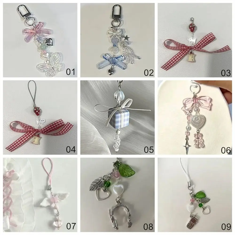 Sparkling Y2K Phone Charms Pendant Knotbow Phone Chain Cake Fish Anti-Lost Beaded Phone Lanyard Bag Keychain