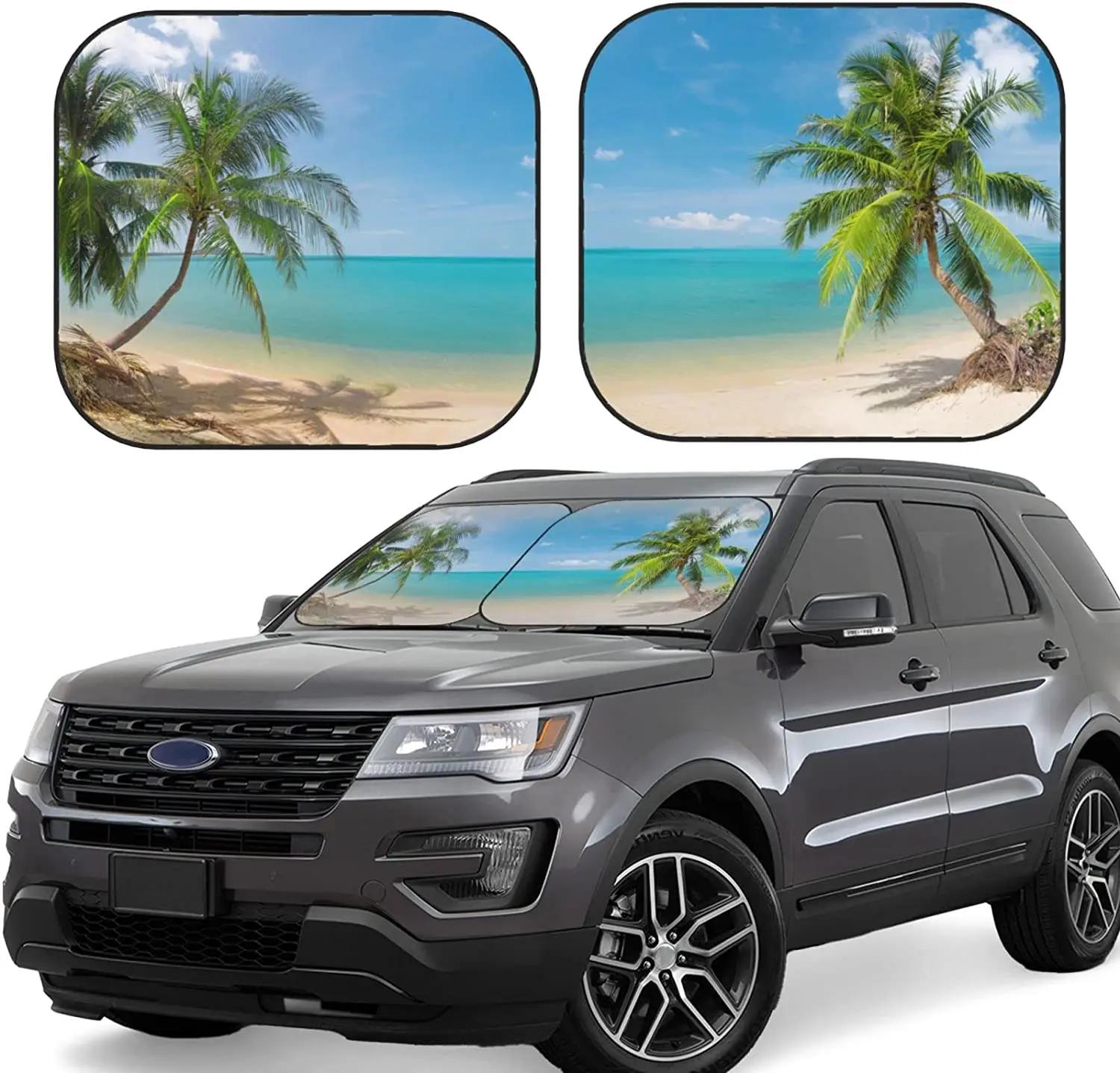 

Tropical Paradise Ocean Beach Scene Car Windshield Sun Shade Auto Foldable 2-Piece Sunshade for Car Truck SUV-Blocks Rays Sun Vi