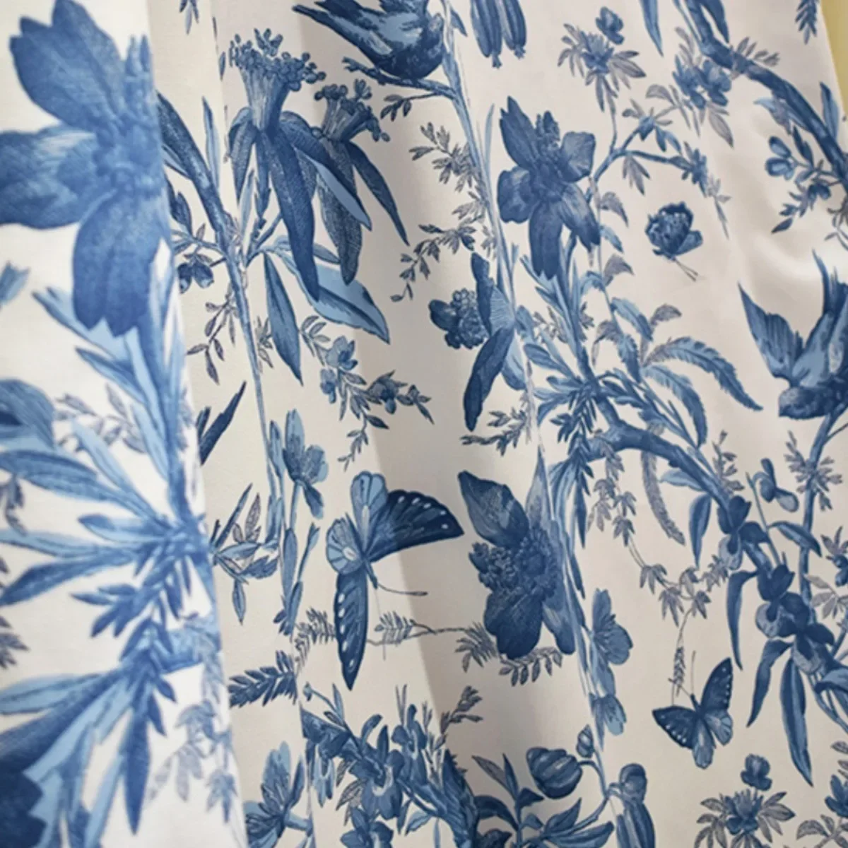 Chinese Style Flowers Birds Butterflie Blue and White Printing Curtains for Living Room Bedroom French Window Balcony Customized 3
