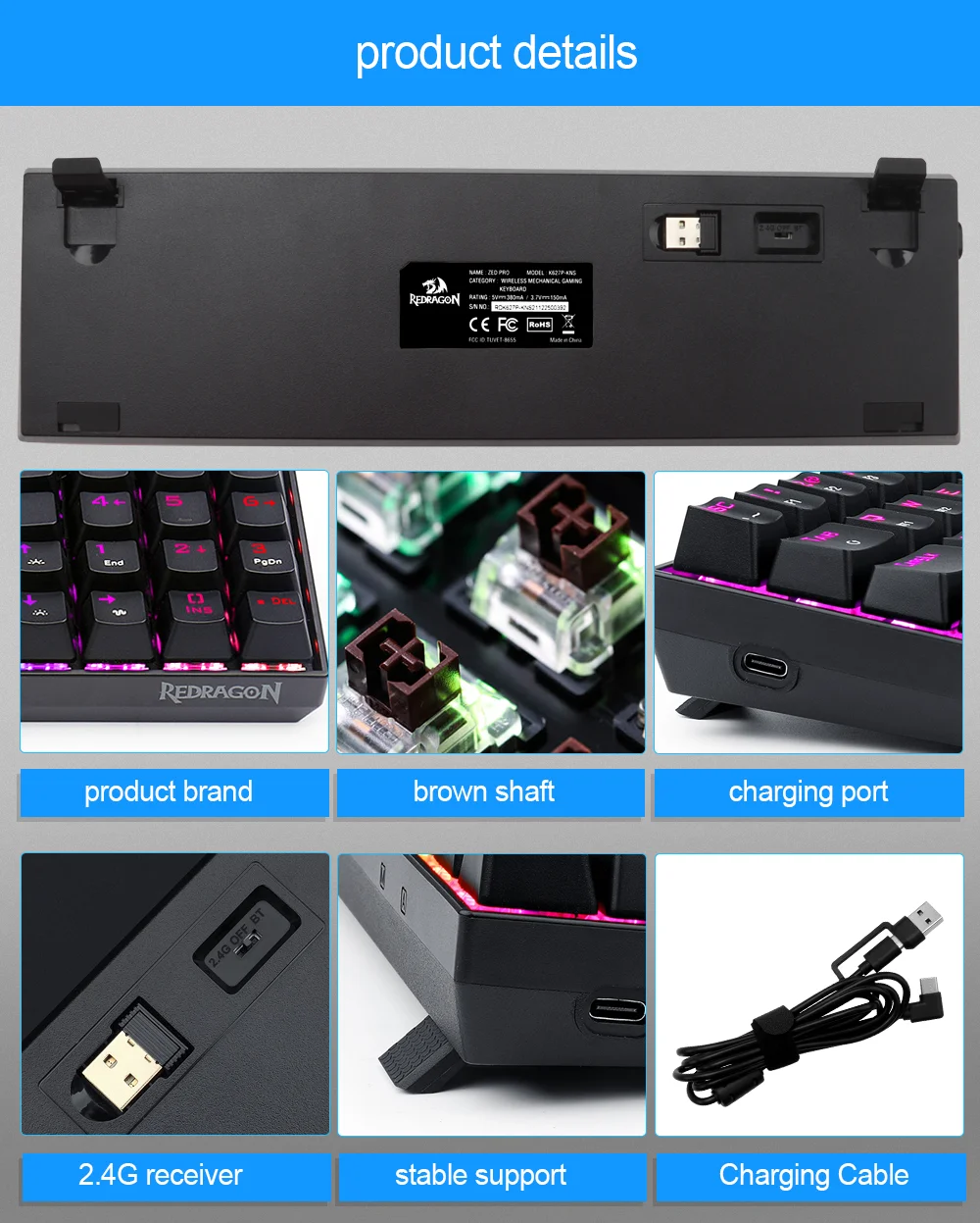 REDRAGON Zed Pro K627P RGB soporte Bluetooth 5,0 2,4G inalámbrico USB 3  modos Teclado mecánico para juegos 78 teclas ordenador