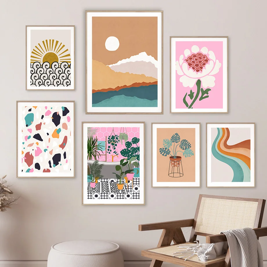 

Abstract Sun Mountain Flower Monstera Leaf Quote Nordic Posters And Prints Wall Art Canvas Painting Wall Pictures For Home Decor