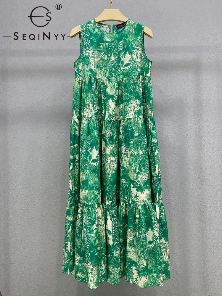

SEQINYY Vest Midi Dress Summer Spring New Fashion Design Women Runway High Street Vintage Green Leaf Print A-Line Loose Casual
