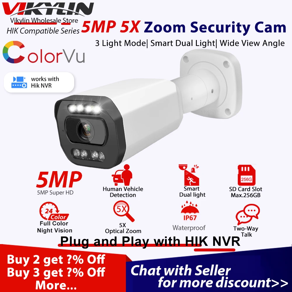 

Vikylin 5MP IP Bullet Security Camera 5X Zoom Color Night for Hikvision Compatible POE Audio SD Human Vehicle Detect CCTV Cam