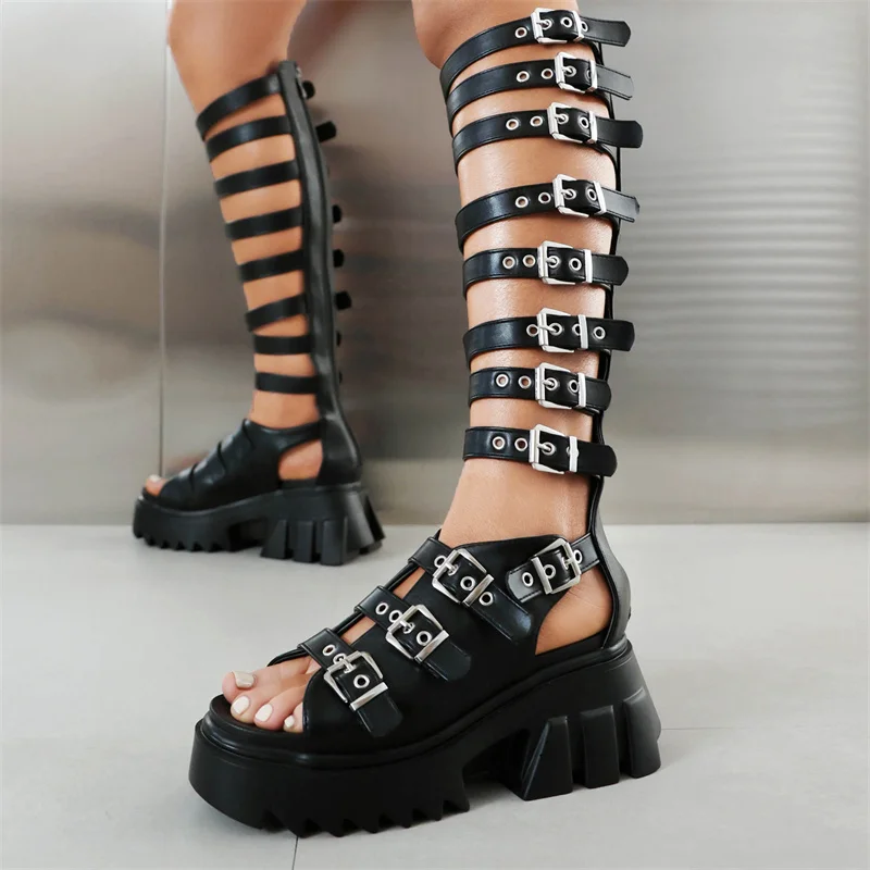 

Belt Buckle Open Toe Thick Sole Platform Chunky Heels Women Boots Solid Color Zipper Sandals New Fashion Retro Rome Ladies Shoes