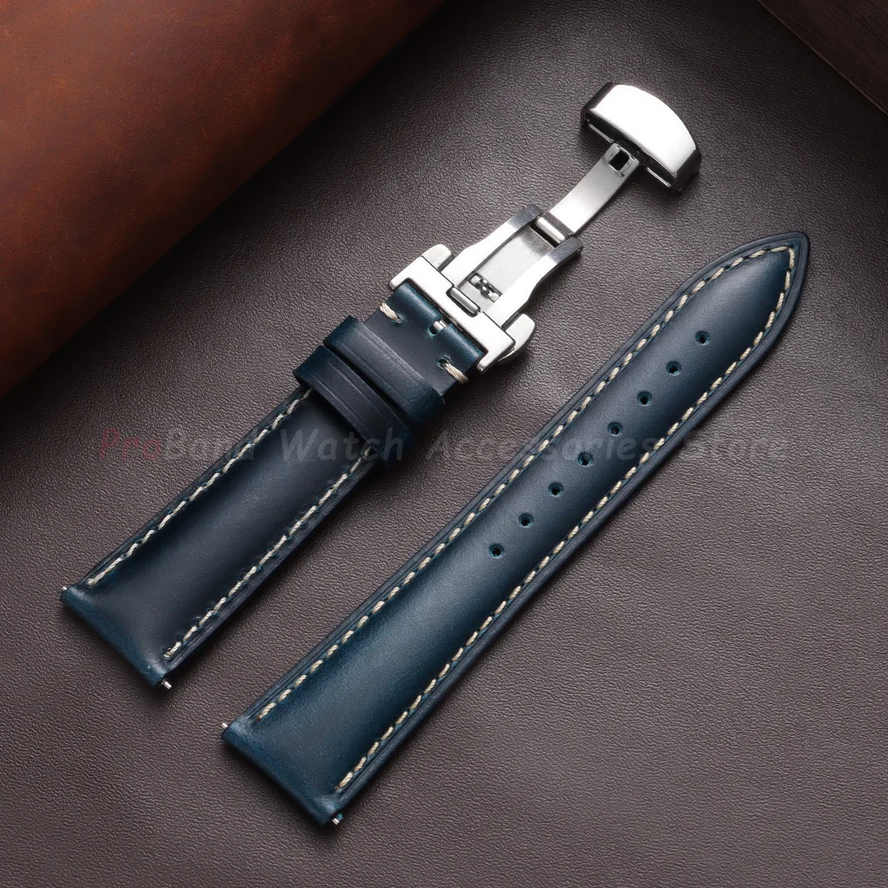 Vintage Brown Oil Wax Leather Watch Strap with Butterfly Buckle - Men's Accessory