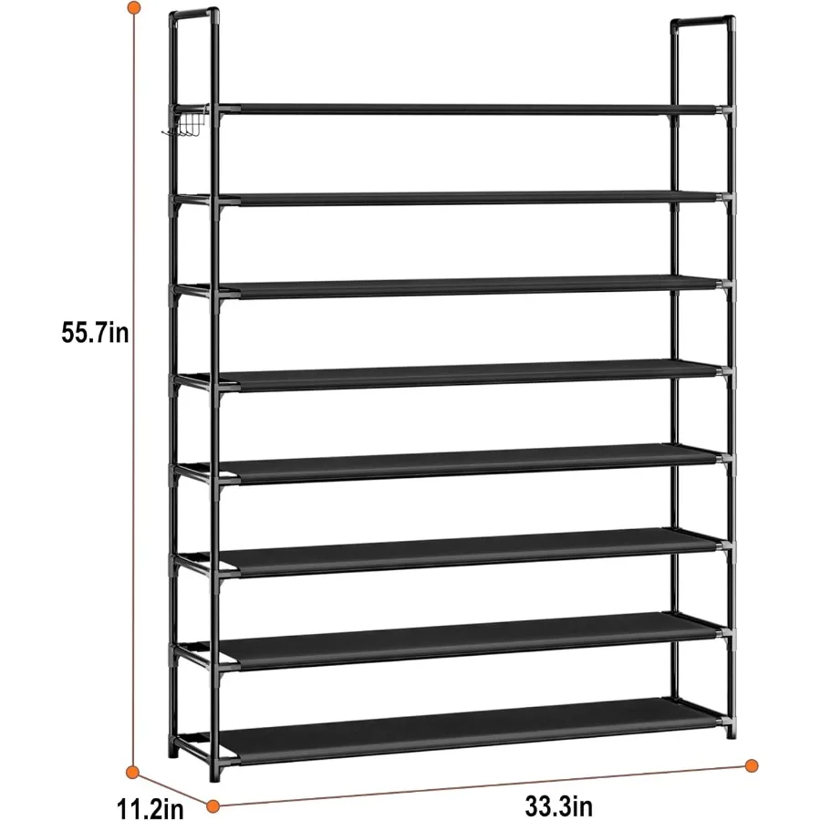 8 Tier Shoe Organizer 33.3in Wide x 11.2in Deep x 55.7in Tall Black Metal and Plastic Shoe Rack Holds up to 3240 Pairs of Shoes