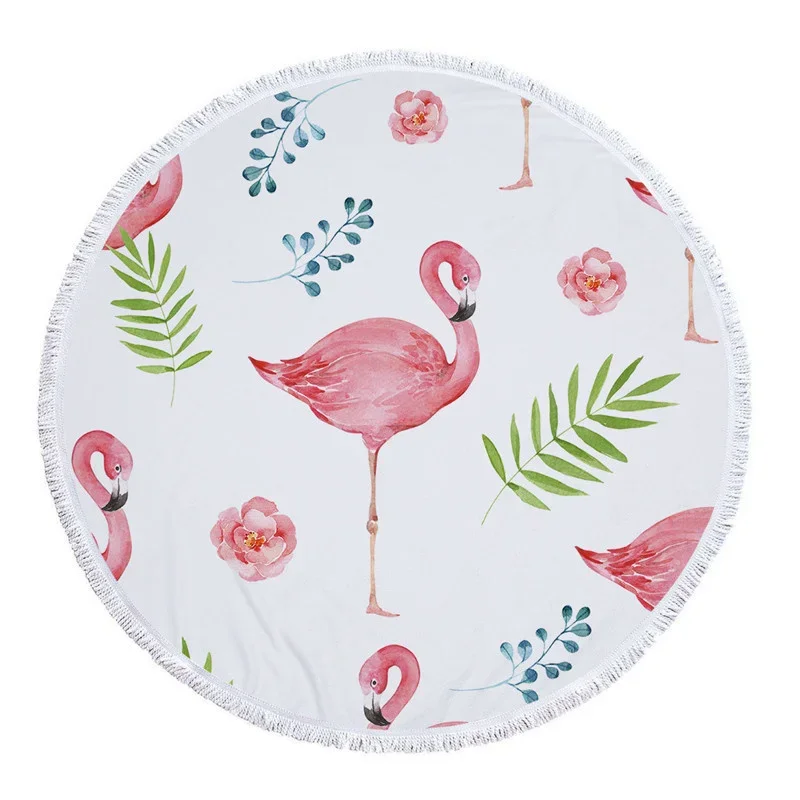Flamingo Plants Pattern Large Round 150cm Beach Towel For Adults Wall Hanging Microfiber Bath Towel With Tassel Throw Yoga Mat 4