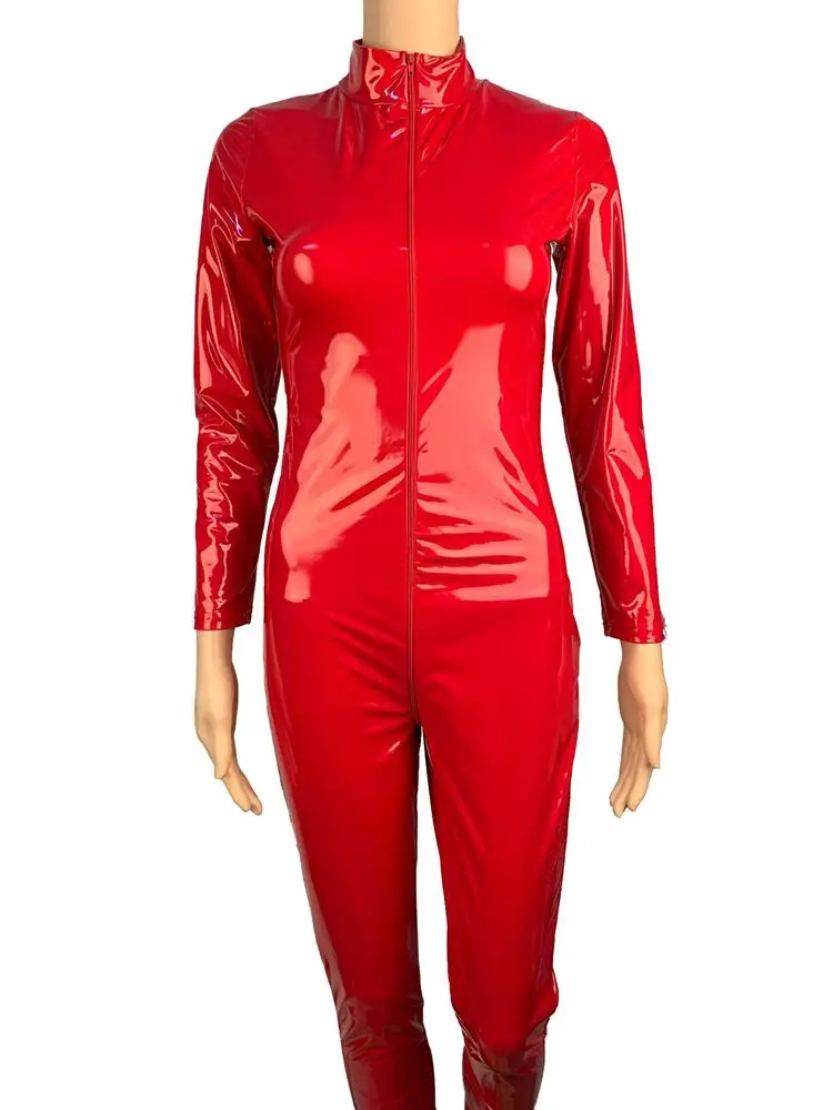 S-5XL Unisex Wet Look PVC Catsuit Shiny PU Leather Two Way Zipper Open Crotch Bodysuit Tights Cosplay Leotard Conjoined Jumpsuit
