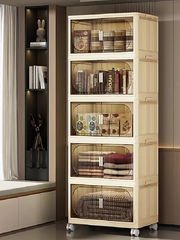 Large Capacity Organizer Cabinet Double Door Open Storage Box with Lid Wheels Stackable Foldable Snacks Sorting Wardrobe Bins - Image 2