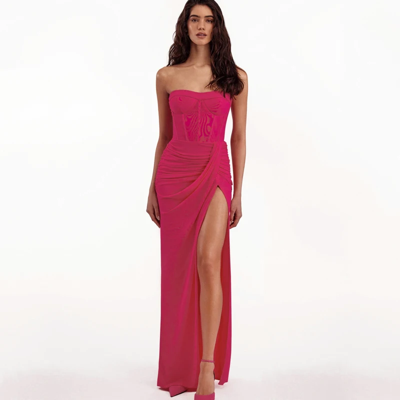 New-sexy-rose-red-Breast-wrapping-dress-women-s-slim-fitting-temperament-pleated-asymmetrical