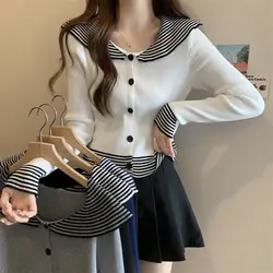 Button Long Sleeve Fashion Cardigan Women Lolita Style Knitting Peter Pan Collar All Match Female Casual Ropa Mujer Korean Top