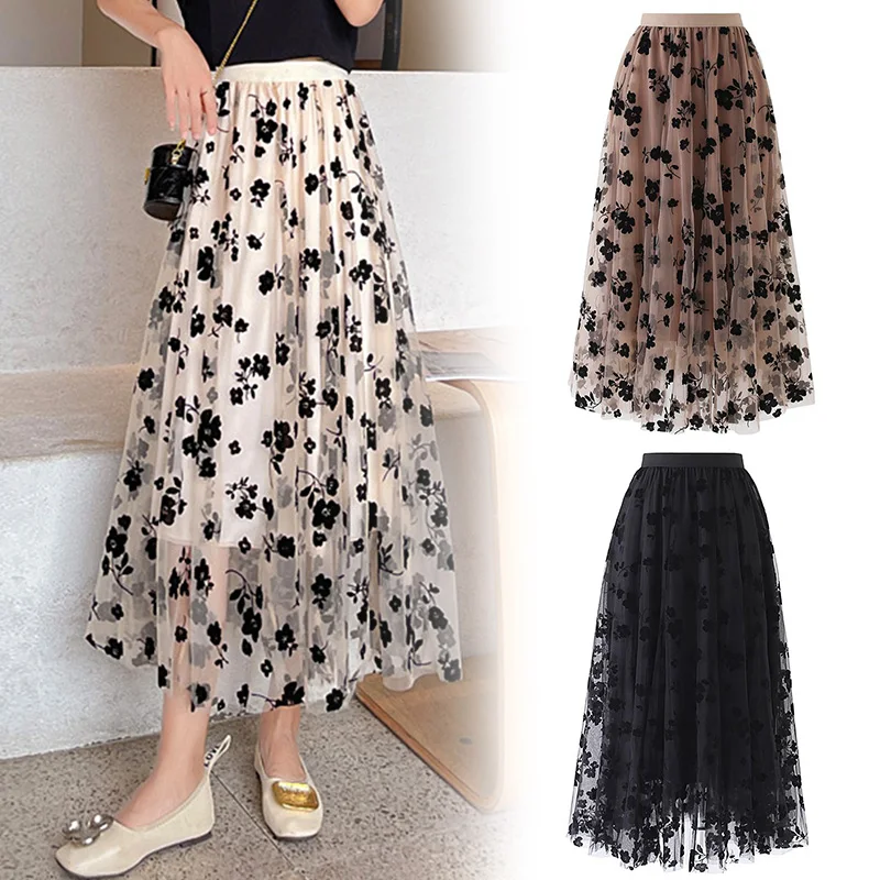 

Women Mesh Floral Skirt Elastic Summer Spring Long Gauze Skirt High Waisted Pleated Puff Half Skirts Fashion