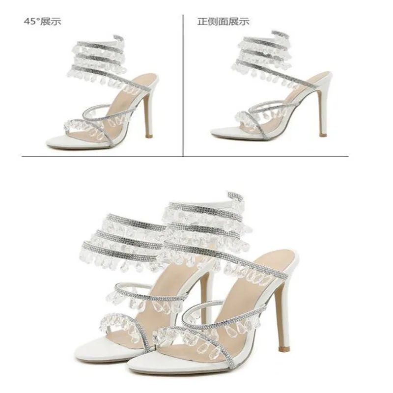 2023 New Women's Sandals Luxury Rhinestone Wraparound Ankle Women's Stiletto Heels Wedding Shoes Banquet Shoes