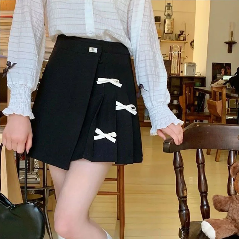 

Deeptown Pleated Sweet Women Mini Skirt Elegant Bow Cute Korean Style Irregular All-match Short Skirts Casual Preppy Basic Skirt