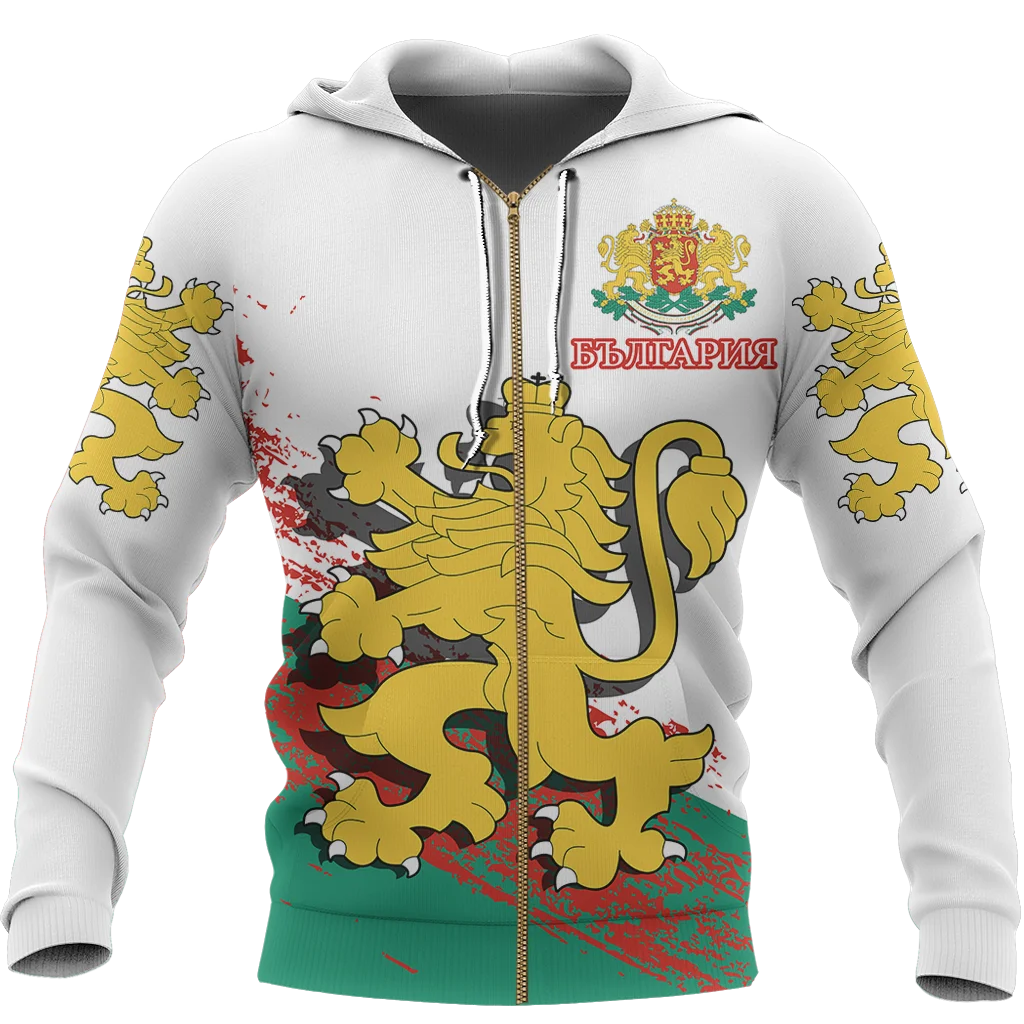SOSHIRL Bulgaria Lion Flag Animals Printed Sweatshirts Zipper Hoodies Casual Pullovers Hip Hop Streetwear Men Unisex Clothing
