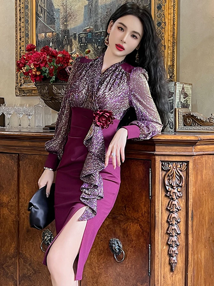 Seda brilhante babados fenda banquete vestido feminino, moda