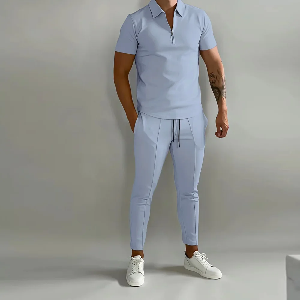 New Summer New Men's Suit Solid Color Short-sleeved Lapel POLO Shirt+sweatpants 2-piece Outdoor Sports and Leisure Suit S-3XL