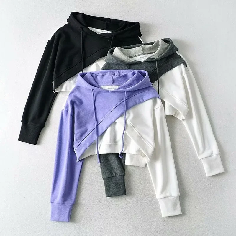 2024 Women Street Style Irregular Stitching Purple Hooded Pullover Woman Fall New Contrast Color Cropped Top Female Korean Tops