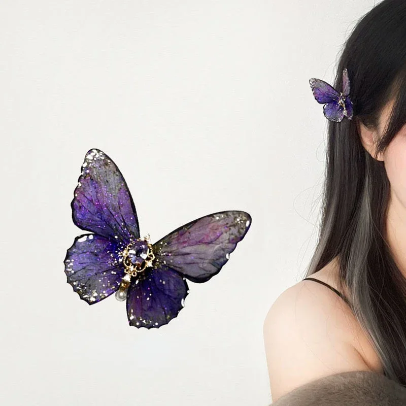 

Korean Elegant Gradient Purple Butterfly Hairpin Retro Pearl Pendant Alligator Clips Trend Barrettes Hair Accessories for Women